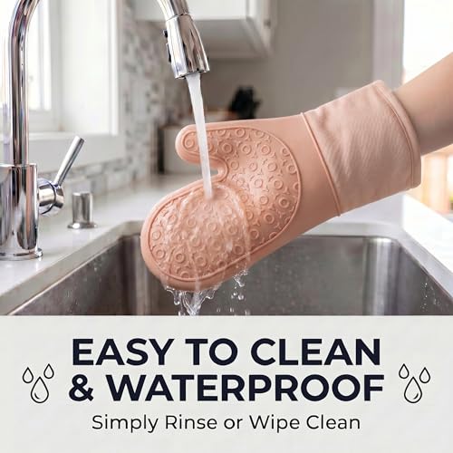 Silicone Oven Mitts 2-Pack, 13.5" Heat Resistant 500°F, Non-Slip BPA-Free with Soft Cotton Lining, Kitchen Gloves for Baking, Cooking, BBQ & Grilling (Pink) - color: Pink