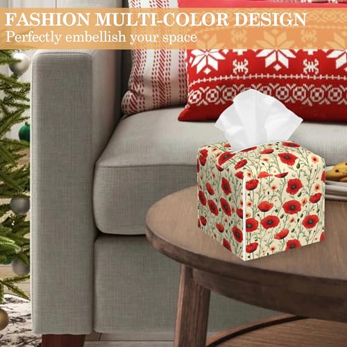 Leather Tissue Box Holder Retro Poppy Flowers Tissue Box Cover Square Waterproof Holder Organizer Modern Napkin Holder for Bedroom Dresser Night Stand Office Desk - color: Retro Poppy Flowers