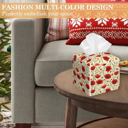 Leather Tissue Box Holder Retro Poppy Flowers Tissue Box Cover Square Waterproof Holder Organizer Modern Napkin Holder for Bedroom Dresser Night Stand Office Desk - color: Retro Poppy Flowers