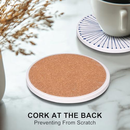Absorbent Coasters Set of 6 Round Ceramic Coasters for Drinks Modern Blue Boho Coaster with Holder for Coffee Table Decor, Outdoor, Desk - style: Blue