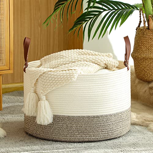 KAKAMAY Large Blanket Basket (20"x13"),Woven Baskets for storage Baby Laundry Hamper,Cotton Rope Blanket Basket for Living Room, Laundry, Nursery, Pillows, Baby Toy chest (White/Beige) | Extra Large Capacity | Natural Cotton Rope | Blanket Storage | Woven