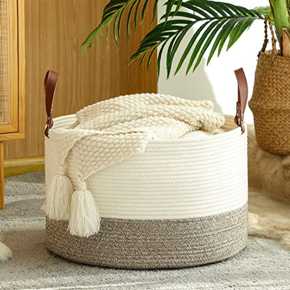 KAKAMAY Large Blanket Basket (20"x13"),Woven Baskets for storage Baby Laundry Hamper,Cotton Rope Blanket Basket for Living Room, Laundry, Nursery, Pillows, Baby Toy chest (White/Beige) | Extra Large Capacity | Natural Cotton Rope | Blanket Storage | Woven