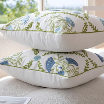 YIcabinet Pillow Covers Set of 2, Embroidered Blue Flower Pattern Throw Pillow Cover,Square Cotton Cushion,Pillow Case for Sofa Bedroom Couch,18"x18" - color: White26