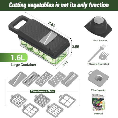 15-in-1 Vegetable Chopper 10 Blades, Veggie Cutter with Handle, Grey | Stainless Steel Blades, Food Container and Lid, Dicer, Slicer, Julienne, Egg Separator, Non-slip Base, Include Cleaning Tools - color: Gray, size: 10 blades
