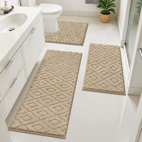 Bsmathom 3 Piece Bathroom Rug Sets, Non Slip Microfiber Bath Mat, Beige | Plush Water Absorbent Bath Rug Sets with U-Shaped Contour Toilet Mat, Machine Washable Carpet for Bathroom Sink, Shower - color: Beige