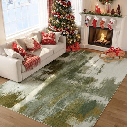 Kelarea Washable Area Rug 5x7, Non-Slip Low Pile Abstract Green | Water & Stain Resistant, Pet Friendly, Easy Clean, Ultra Soft, for Living Room, Bedroom, Nursery, Ofiice - color: Green, size: 5' x 7' (Rectangular)