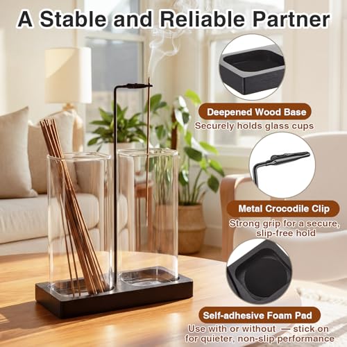 Zhehao 4 Pcs 2 in 1 Incense Holder for Sticks with Glass Ash Catcher Kit, Includes 1 Upside Down Anti-ash Flying Incense Burner 1 Ash Brush and 2 Mats for Meditation, Yoga, Spa, Home Decor