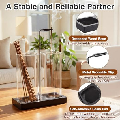 Zhehao 4 Pcs 2 in 1 Incense Holder for Sticks with Glass Ash Catcher Kit, Includes 1 Upside Down Anti-ash Flying Incense Burner 1 Ash Brush and 2 Mats for Meditation, Yoga, Spa, Home Decor