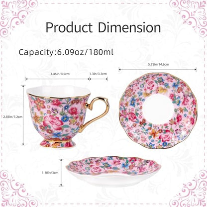 KAMMAK Tea Cup and Saucer, Ceramic Coffee Cups, 6.3 oz, Set of 2 | Porcelain Tea Cups with Saucers for Coffee and Cappuccino, Ideal for Breakfast, Afternoon Tea and Entertaining,645N+646N - style: 645N+646N