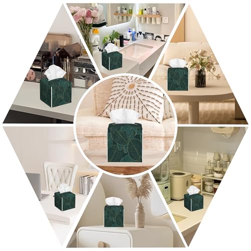 Tropical Green Leaves Tissue Box Cover Square, Golden Line Art Tissue Box Holder with Bottom Belt Leather Facial Paper Organizer Dispenser for Bathroom Bedroom Dresser Night Stand Tabletop - color: Tropical Green Leaves