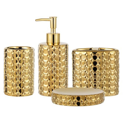 Gold Ceramic Bathroom Accessories Set, 4 Piece, Honeycomb Design with Soap Dispenser Pump, Tumbler, Toothbrush Holder, Soap Dish - color: Gold