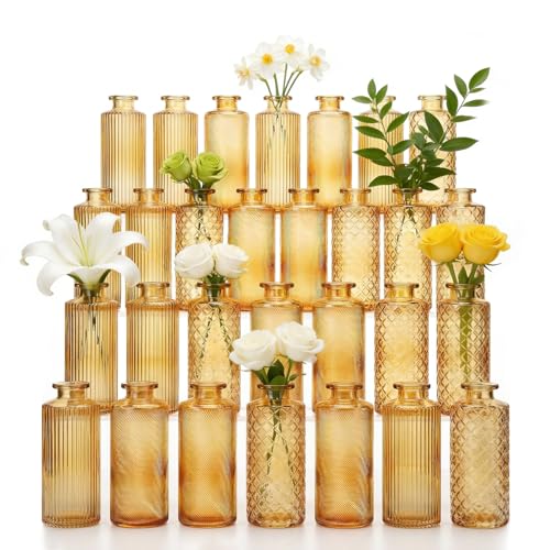 Glass Bud Vases Set of 30, Small Gold Amber Flower Vases Bulk | Mini Vintage Vases for Wedding Centerpieces, Party, Home or Table Decorations - color: Amber Gold