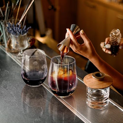 Joeyan Hand Blown Etched Stemless Wine Glasses for Red Wine,Large Carved Drinking Glass Cups Tumblers with Dots Strips Pattern for Wedding Anniversary Party Home,Set of 2, 17.5 oz, Dishwasher Safe - color: Etched Dots Stripes Patterned