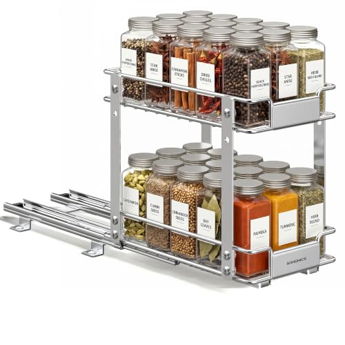 SONGMICS 2 Tier Pull Out Spice Rack for inside Cabinets, Organizer, Steel | Slide Out Spice Organizer for inside Cabinets, Silver, PATALLA Collection UKCS117E101 - color: Silver