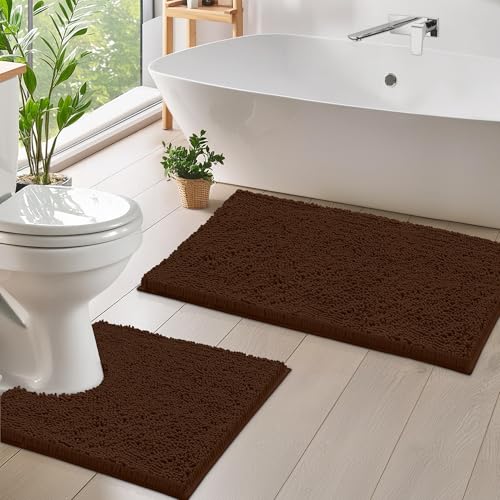 LuxUrux Bathroom Rugs Sets 2 Piece: Quick Dry, Soft Plush Anti-Slip, Super Absorbent. Includes Rectangular (31x20 inches) & U-Shaped Toilet Mat (20x20 inches) | Brown - color: Brown, size: 2 Piece Set