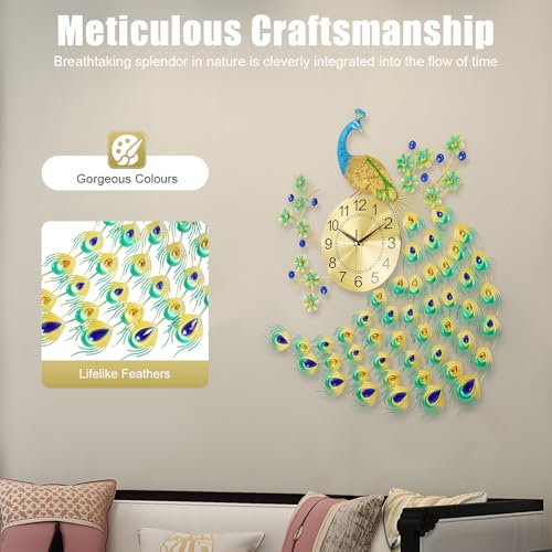 29.5" Large Peacock Wall Clock Crystal Decor, 3D Creative Luxury Wall Clock Silent Non-Ticking Battery Operated Living Room Decor Big Clock