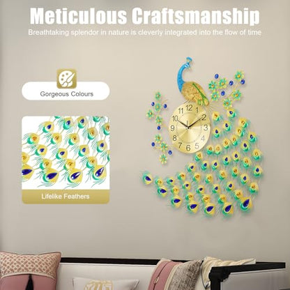 29.5" Large Peacock Wall Clock Crystal Decor, 3D Creative Luxury Wall Clock Silent Non-Ticking Battery Operated Living Room Decor Big Clock