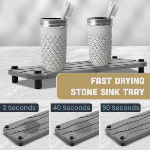 2pc Diatomite Stone Drying Tray, Gray w Blk & Silver Feet | Sink Caddy, Kitchen Sink Organizer, Water Absorbing Bathroom Counter, Absorbent Kitchen Soap Tray - color: Gray