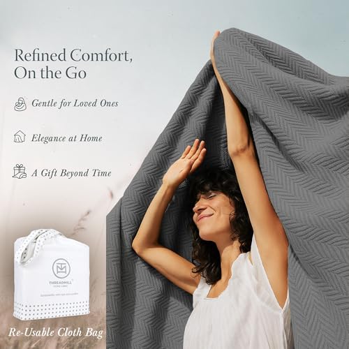 Threadmill Cotton King Blanket, Herringbone, Dark Grey, Machine Washable | 100% Cotton, Herringbone Pattern, 106x92 in, Breathable, All-Season, OEKO-TEX Certified, Machine Washable - color: Dark Grey, size: King (106" x 92")
