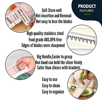 NACOLUS Mandoline Slicer for Kitchen Slicer Vegetable Cutter 5 In 1 Veggie Slicer Potato Slicer waffle fry cutter Hot Swap Mandolin with Peeler for Vegetables Carrot Shredder Cucumber Slicer - Pink | slicer vegetable cutter,hot-swap self-storage,efficient
