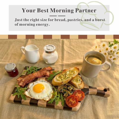 Checkered Wooden Cutting Board with Handle | 15" x 7" x 1" Thick | Acacia & Rubber Wood | Cheese & Charcuterie Serving Board | Meat, Bread, Fruit & Vegetable Prep - color: Checkered Paddle