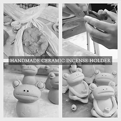 NAGU 100% Handmade Ceramic Stick Incense Burner Holder,Small Frog Incense,Lotus Leaf Tray,Mini Cute Animal Statue Home Incense Burner