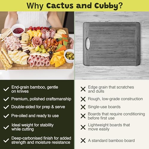 Cactus & Cubby Premium Bamboo Cutting Board. Deluxe Deep Carbonised End Grain Wooden Cutting Board. 16.5" x 11.8". Pre-oiled Butcher Block for Prepping & Serving. Knife Friendly