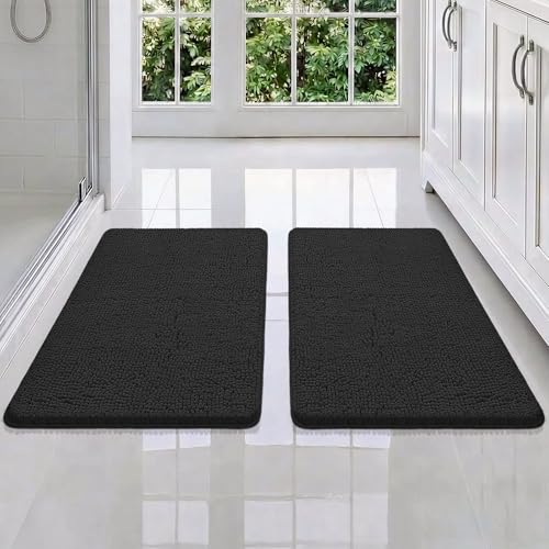 Bcoimo Bath Rug Mat Set,2 Piece Thick Absorbent Chenille Bathroom Mat Black | Non Slip with Rubber Backing Bathroom Rugs set; Machine Washable;Extra Soft Bath Rug;High Absorbent、Quick Dry Microfiber mat - color: Black, size: 30×20 Plus 30×20