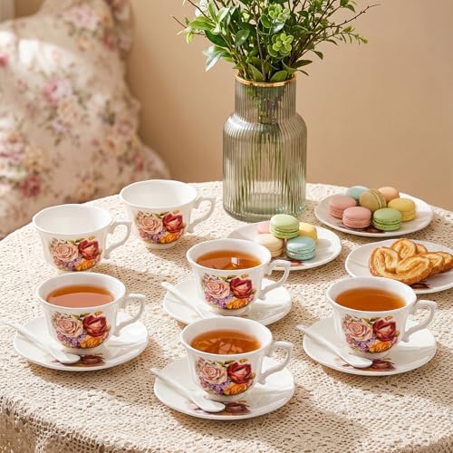 Pumtus Tea Cups and Saucers Set of 6, 8 OZ Vintage Ceramic Teacups with Spoon, Floral Rose British Coffee Mug, Elegant Bone China Cup Gift Set for Cappuccino, Espresso, Latte, Afternoon Tea Party