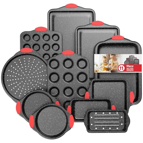 11-Piece Nonstick Stackable Baking Pans Set, Non Toxic Oven Pans, Red&Black | Toxin-Free Bakeware Sets, Baking Pan Set with Silicone Handles, Includes Cookie Sheets, Loaf Pan, Pizza Pan, Muffin Pan