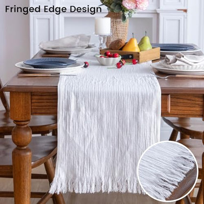 Simple&Opulence Linen Cotton Table Runner - 14 x 120 Inch, Farmhouse Linen Table Runner with Fringed Edges for Bohemian Rustic Wedding, Bridal Shower, Dinner （ White ） - size: 14"x120", style: White