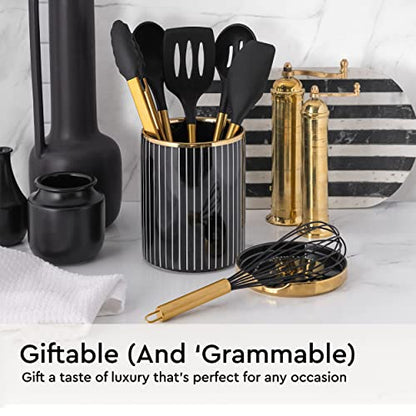 Styled Settings Black and Gold Kitchen Utensils Set, 6-Piece | Silicone Utensils Set Include Tongs, Whisk, Serving Spoon, Spatula, & Turner for Stylish Cooking - Gold Kitchen Accessories - color: Black & Gold