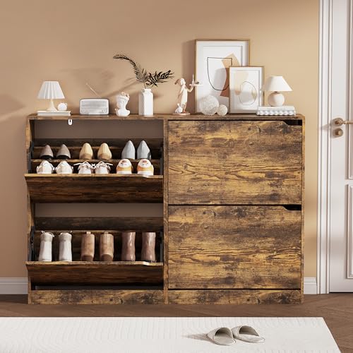 Shoe Storage Cabinet, Wood Shoe Organizer for Entryway with 3 Flip Drawers, Freestanding Shoe Rack with Adjustable Shelf, Narrow Shoe Dresser for Front Door Entrance (Brown, 4 Drawers) - color: Brown, size: Regular 4 Drawers
