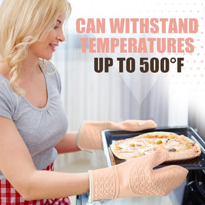 Silicone Oven Mitts, Heat Resistant 2PCS Oven Mitts with Soft Cotton Lining, Waterproof Non-Slip Grip Oven Glove, Kitchen Potholder Mits for BBQ, Baking, Cooking, 12.5 Inch - Pink - color: Pink