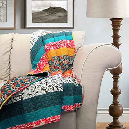 Lush Decor Boho Stripe Reversible Cotton Throw Blanket, 50" W x 60" L, Turquoise & Tangerine - Striped Throw Blankets for Bed - Couch Blanket - Boho Throw Blanket for Couch