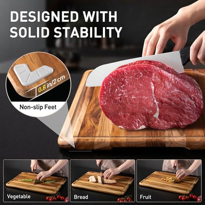 Teak Wood Cutting Board Set for Kitchen High-End Non Toxic Non Slip Over Sink Solid Thick Wood Haus Chopping Board Extra Large Big Small Best Kitchen Essential House Warming Hostess Host Gift - style: Set of 3