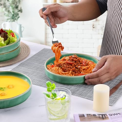 LIANYU 33oz Pasta Bowls, 8.25’’ Wide Shallow Salad Plates Set of 4 | Stoneware Ceramic Dinner Serving Bowls for Cereal, Fruit, Soup, Microwave & Dishwasher Safe, Emerald Green - color: Emerald Green