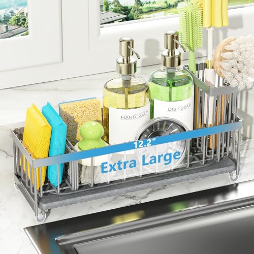 Cisily Extra Large Sink Caddy Organizer with Drying Stone, Gray Sponge Holder for Kitchen, Dish Brush Holder for Countertop, Kitchen Decor Storage and Essentials - color: Gray