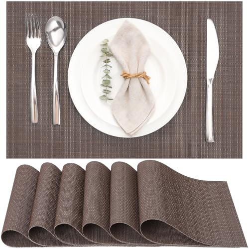 Myir JUN Placemats Set of 6 Kitchen and Dining Table Placemats | Vinyl Placemats Place Mats Indoor/Outdoor Set of 6 Washable Table Mats Non-Slip Place mats for Dining Table, Coffee - color: Coffee, size: Set of 6