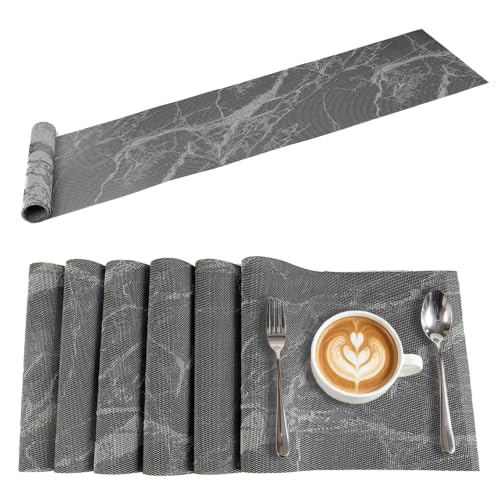 PVC Heat Resistant 6 Table Mat Sets + 1Table Tablecloth(Black) | Washable and Easy to Clean PVC Heat-Resistant Marble Painting Art Desktop Decoration Daily Holiday Use - color: Black
