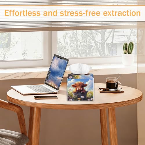 Flower Highland Cow 2 Pcs Tissue Box Cover Square, Spring Summer Tissue Box Holder Waterproof Leather Facial Paper Organizer Dispenser for Bathroom Home Car Nightstand - color: Flower Highland Cow