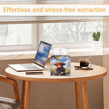 Flower Highland Cow 2 Pcs Tissue Box Cover Square, Spring Summer Tissue Box Holder Waterproof Leather Facial Paper Organizer Dispenser for Bathroom Home Car Nightstand - color: Flower Highland Cow