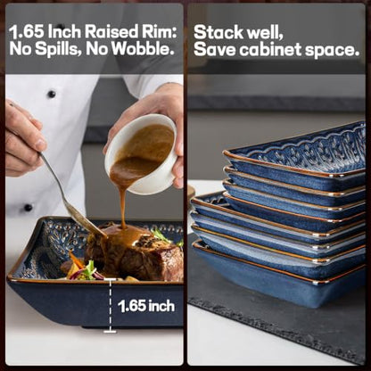 Salad Plates Set of 4, 9.85" Embossed Ceramic Rectangular Appetizer Plates, Deep Lipped Edges, Microwave & Dishwasher Safe, Dessert Sushi Pasta Serving Plates (Blue, Willow Leaf) - color: Blue (Willow Leaf), size: 9.85 inch