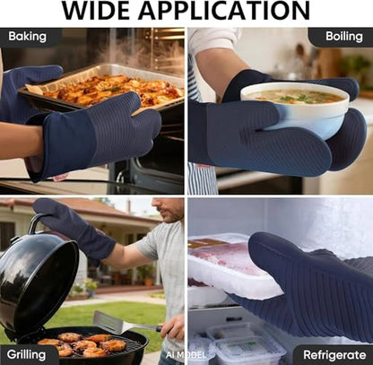 YUTAT Silicone Oven Mitts,High Heat Resistant Up to 500 Degrees,Waterproof Cooking Gloves with Soft Polyester Filling,Kitchen Potholder Set - Perfect for BBQ,Baking and Cooking,2 Pcs Set(Deep Blue) - color: Dark Blue-striped Surface, size: 13“L x 7"W-2 Pi