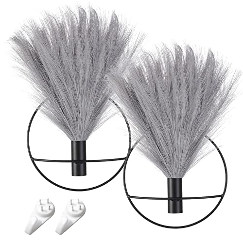 Pretty Jolly Boho Pampas Wall Decor Black Metal Wall-Mounted Art | Morden Artificial Greenery Display，2 Pack Gray Hanging Planter For Living Room, Bedroom, Bathroom, Dining room - color: 11-pampas-gray, size: S 7.8inch (Black Ring)