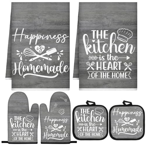 Sratte 6 Pcs Kitchen Decor Accessories Set, Kitchen, Dark Gray Wood | Farmhouse Kitchen Towels Pot Holders Oven Mitts Set 2 Dish Towels 2 Potholders 2 Cooking Mittens for Baking Cooking Supply - color: Dark Gray Wood, style: Kitchen