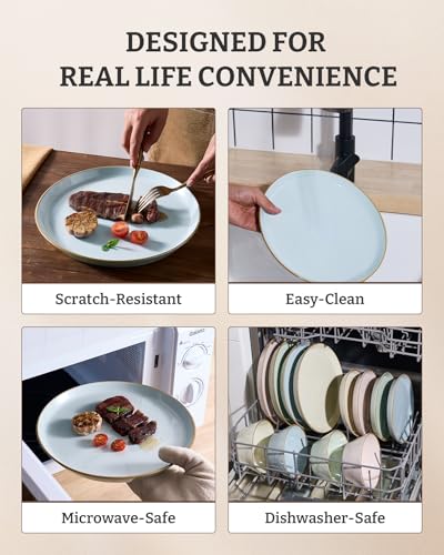 Famiware Saturn Dinnerware Sets, Ceramic Dishes for 4, Rimmed Plates, Bowls | Light Blue, 12-Piece Microwave and Dishwasher Safe Stoneware, Chip & Scratch Resistant, Modern Rustic Tableware, Everyday Use - color: Light Blue, size: 12