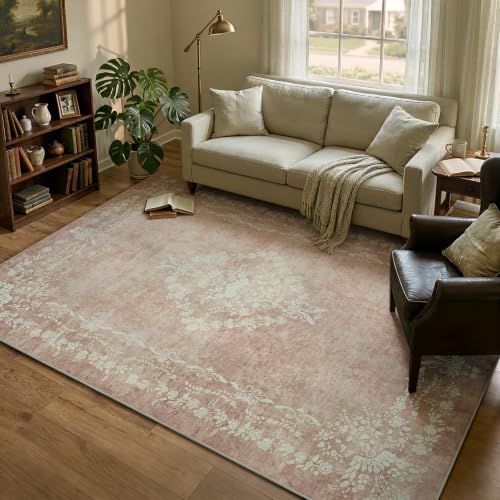 FlyDOIT 5x7 Large Area Rugs for Living Room, Beige Pink | Washable Floral Boho Rug, Non-Slip Soft Indoor Throw Carpet for Bedroom Dining Room Entryway College Dorm Office Decor - color: Beige Pink, size: 5' x 7' (Rectangular)