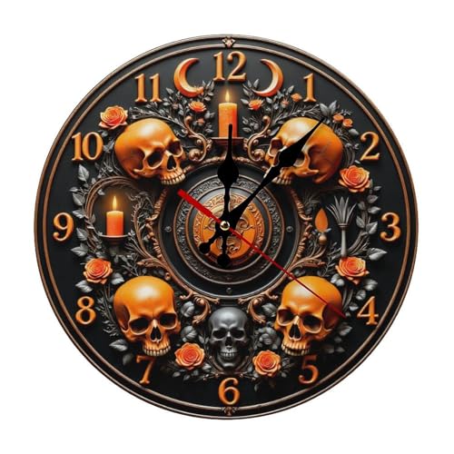 Wall Clock, Gothic Skull and Rose Non Ticking Wall Clocks Battery Operated, Orange Wooden Wall Clocks for Living Room, Bedroom, Office Decorative 10 Inch - color: Style-4