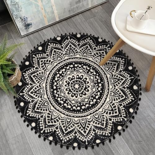 Uphome Boho Round Rug for Bedroom 3' Circle Mandala Black Bathroom Rug with Pom Poms Fringe Washable Circular Accent Throw Rugs Non-Slip Soft Floor Mat for Entryway Living Room Sofa Kids Room Nursery - color: Black-upgraded, size: 3' Round